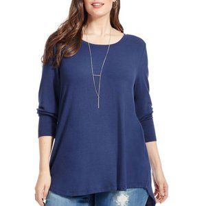 EUC Plus Size Melissa McCarthy Seven7 Blue Mixed Media Pleated Back Top – Size 2